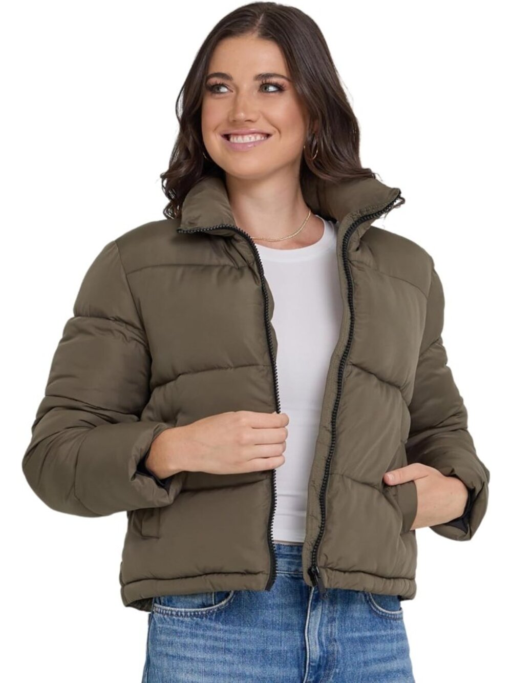 Steve Madden Women's Green Trendy Winter Warm Long Sleeve Cropped Puffer Jackets